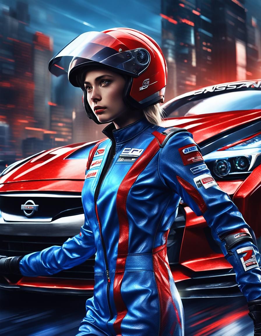 Female Racing Driver with Nissan GTR in Sci-Fi Style