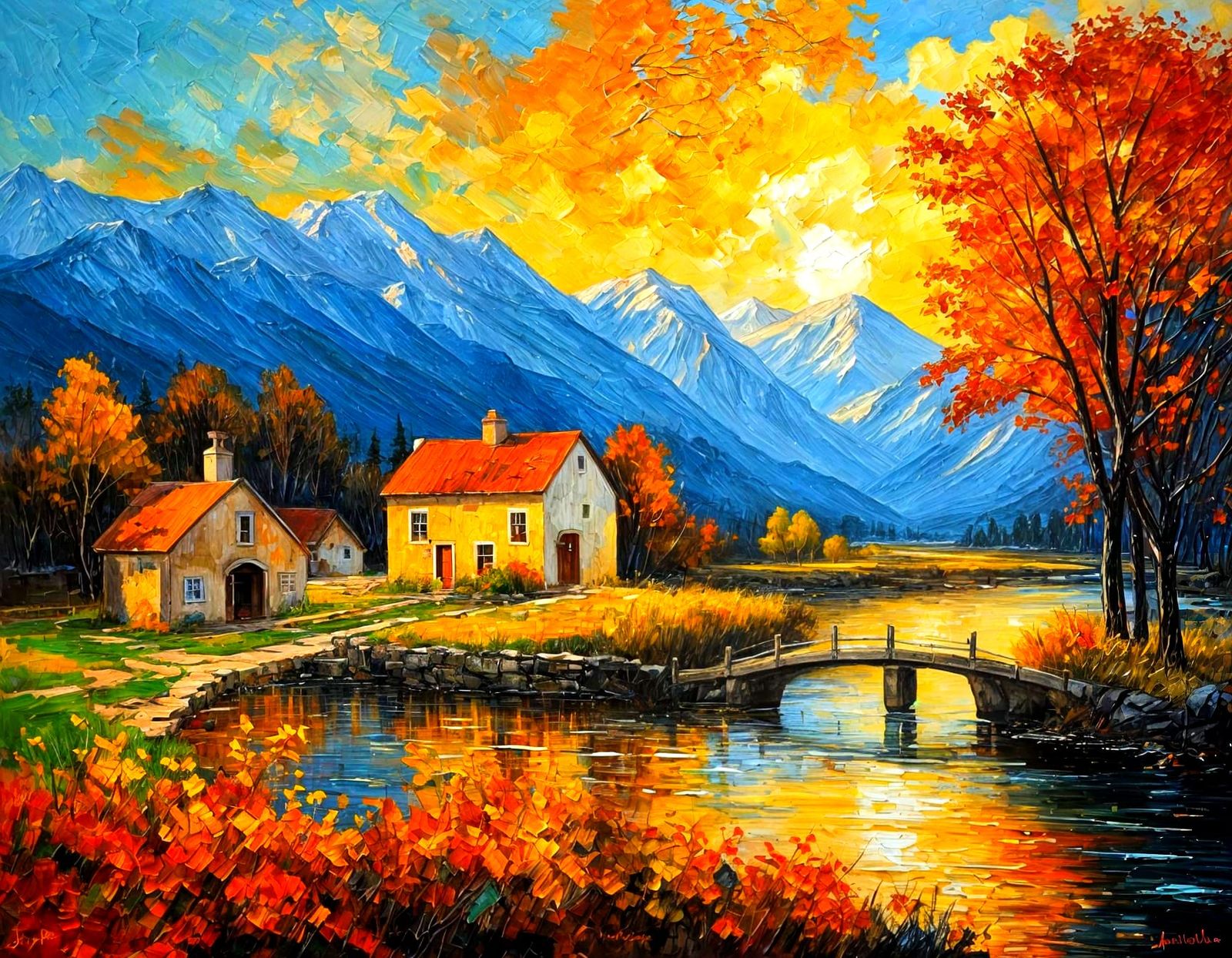Golden Autumn Sunset Over Mountain Village