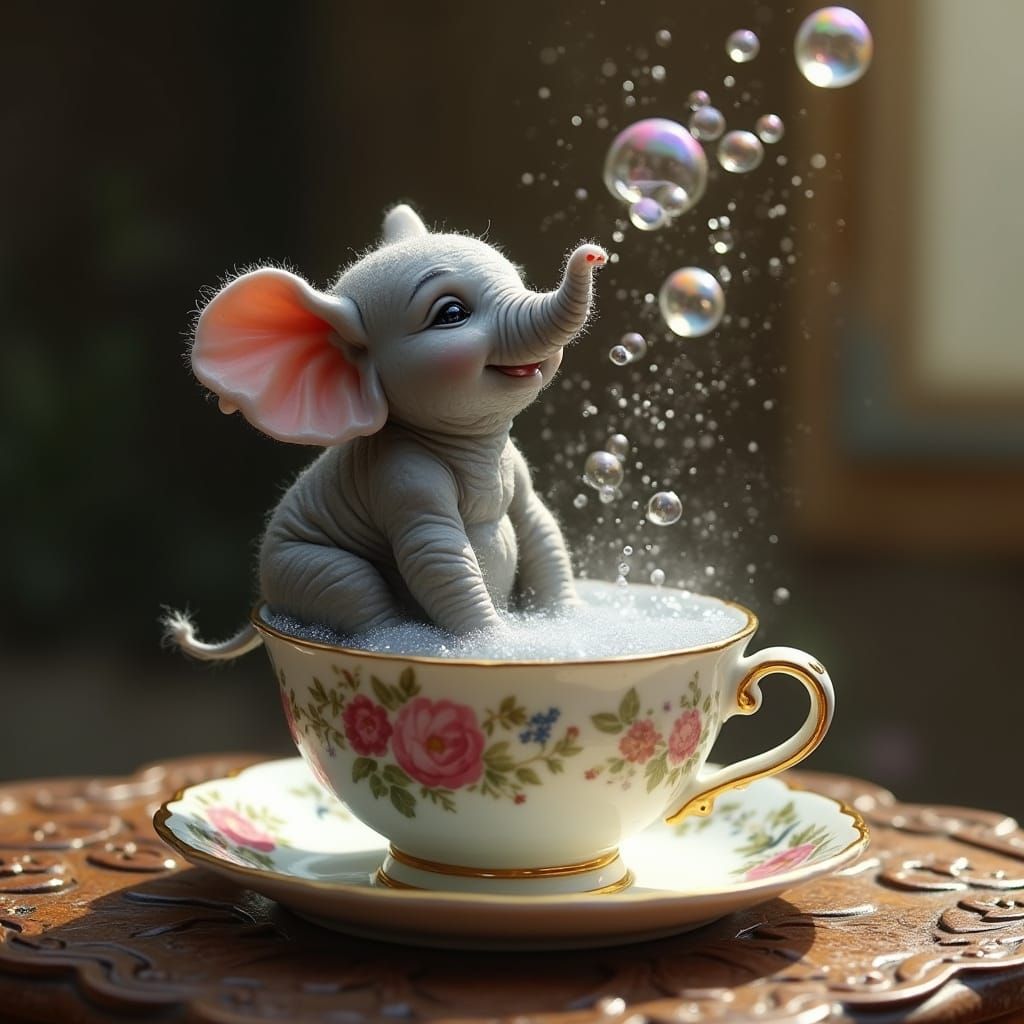 Realistic Baby Elephant in a Tea Cup Bubble Bath