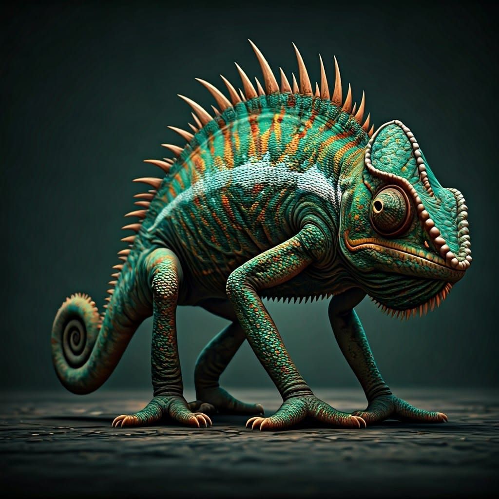 Mutated Chameleon in Dystopian Landscape, Dark Fantasy