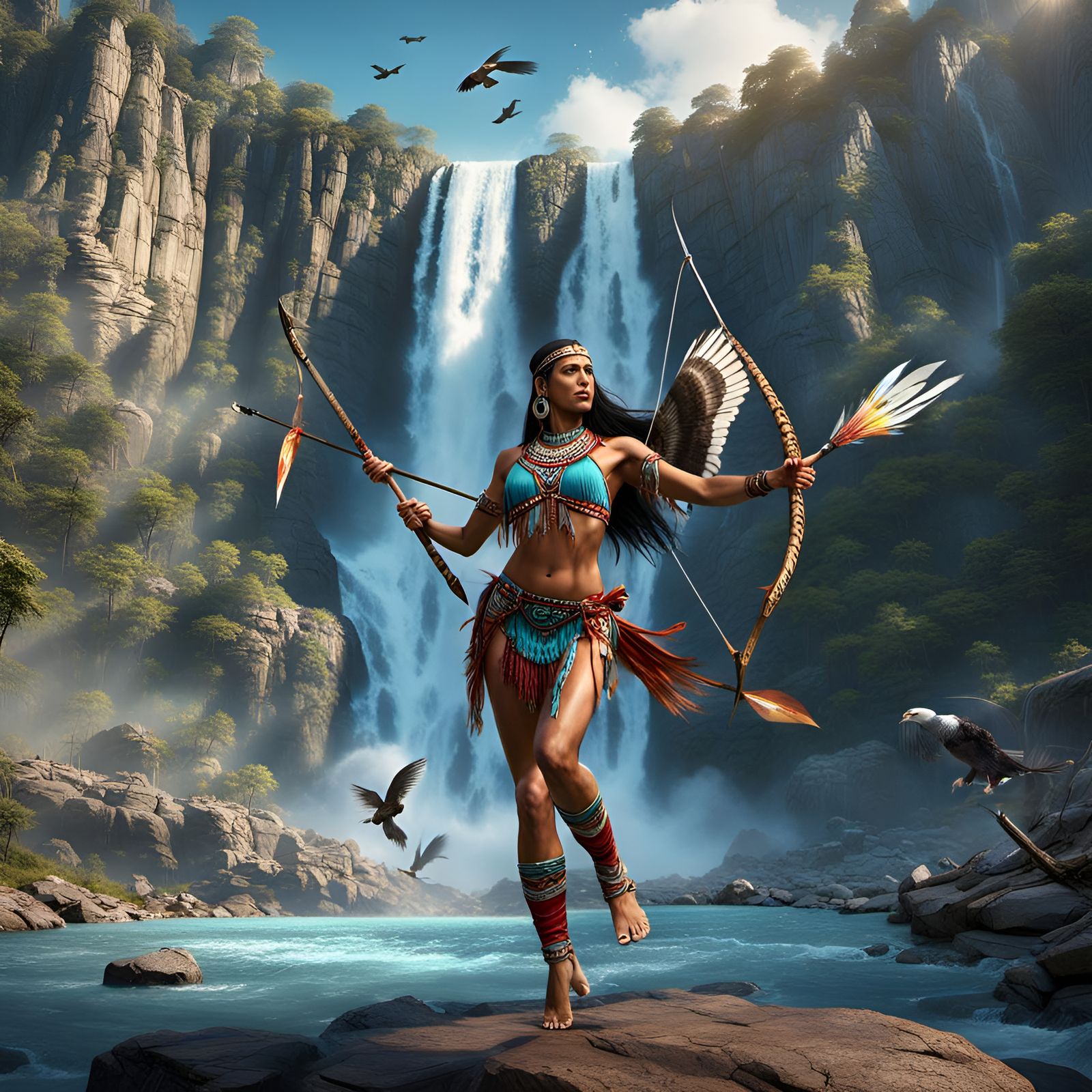 Native American Women with Bows by Waterfall