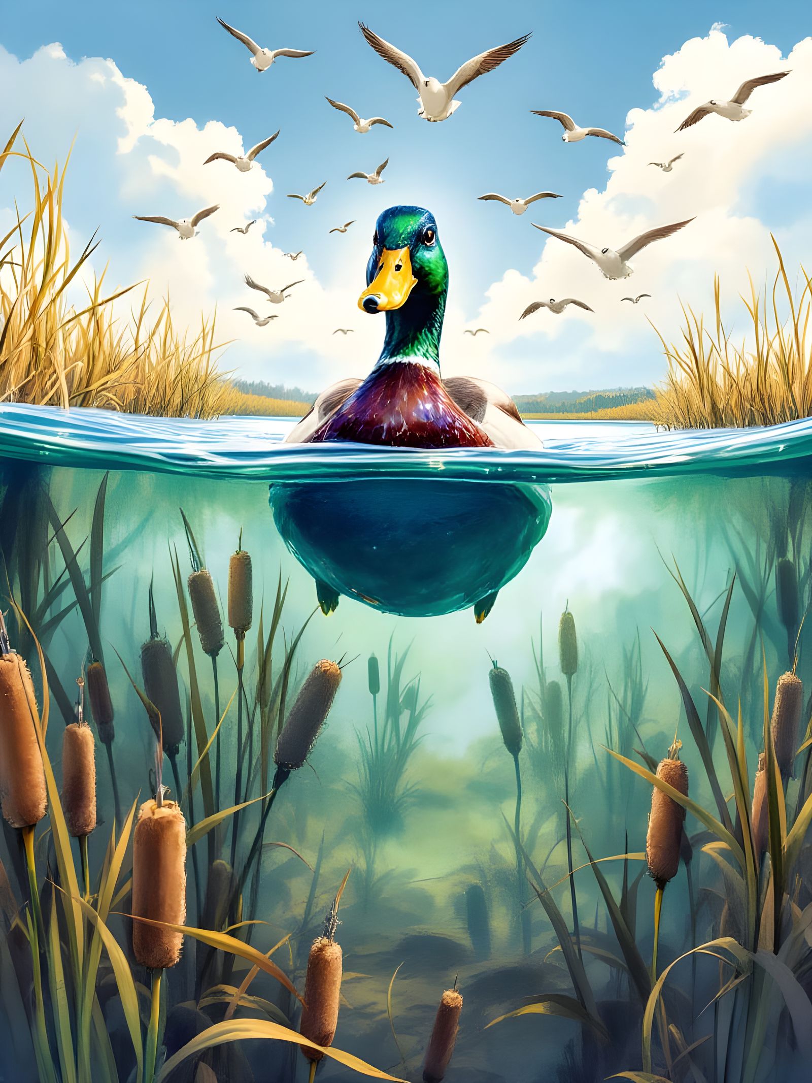 Mallard Duck's Morning Swim: A Comic Art Illustration
