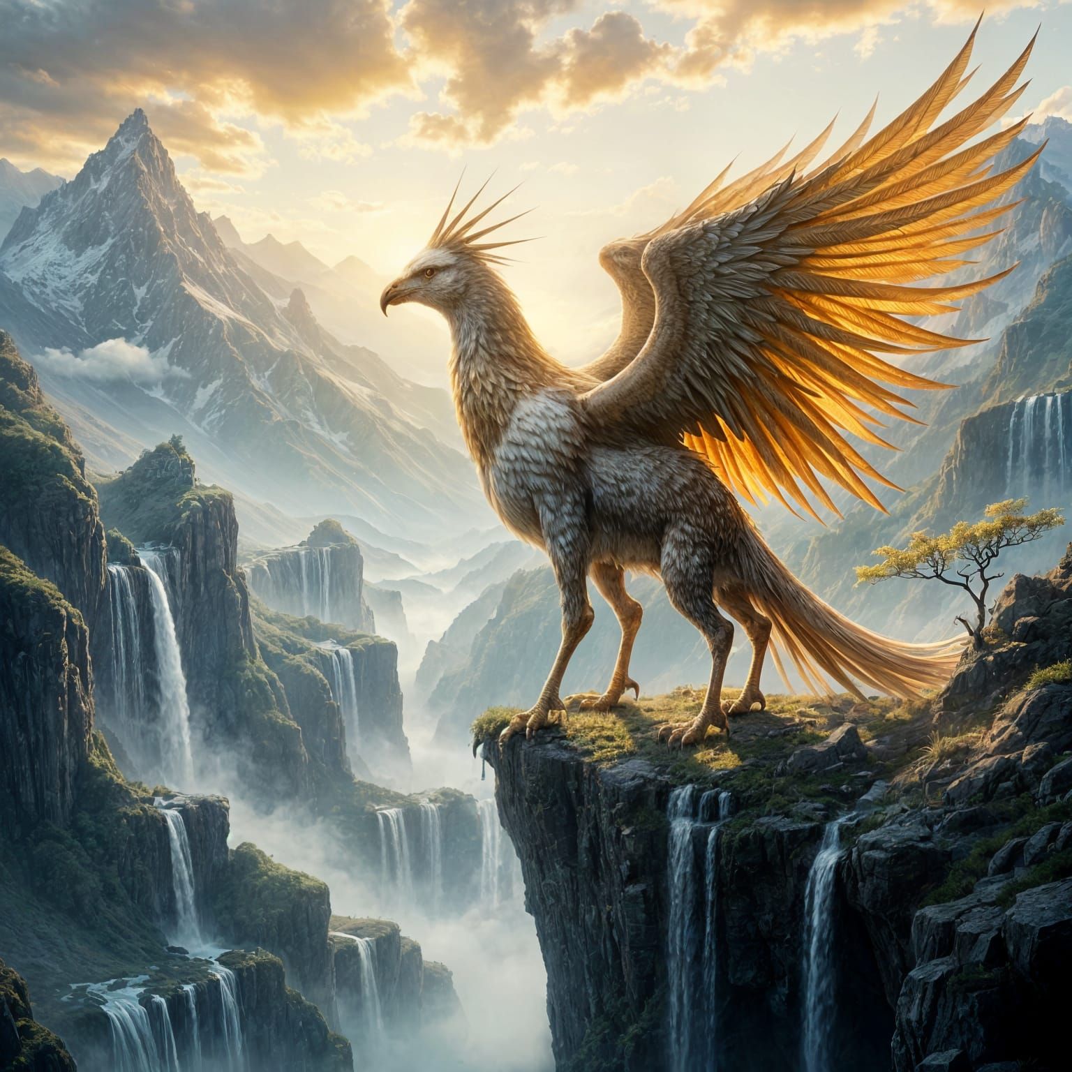 Majestic Griffin on Cliff Overlooking Misty Mountains