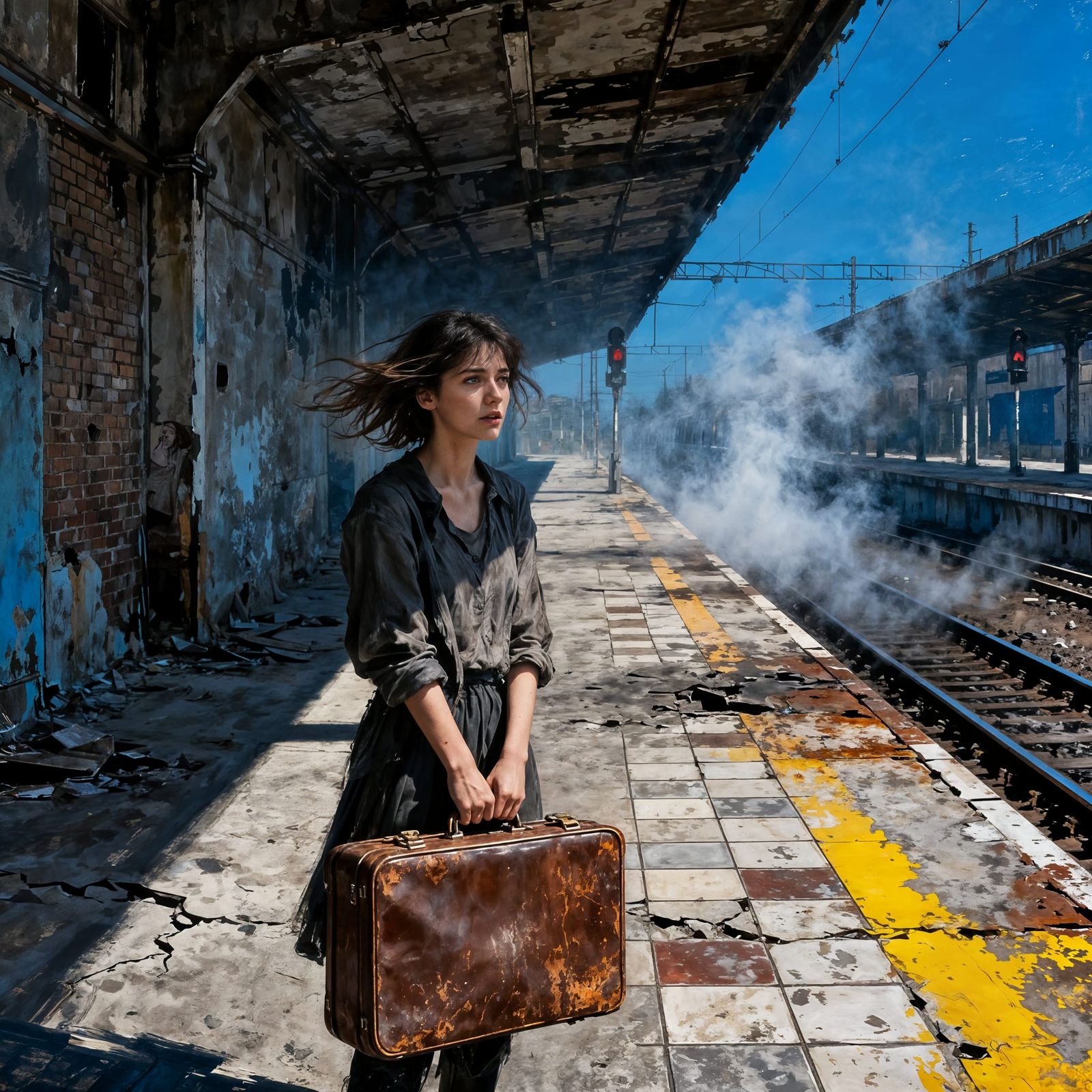 Art Brut Portrait of Woman on Urban Train Platform