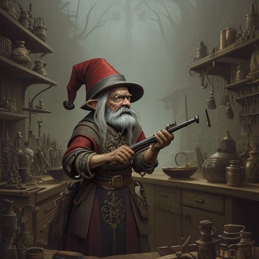 Whimsical Gnome Crafts Intricate Wooden Rifle in Cluttered W...