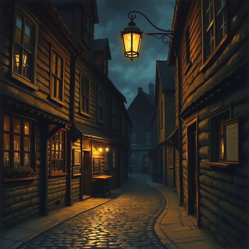 Scottish Alley at Night with Glowing Lantern