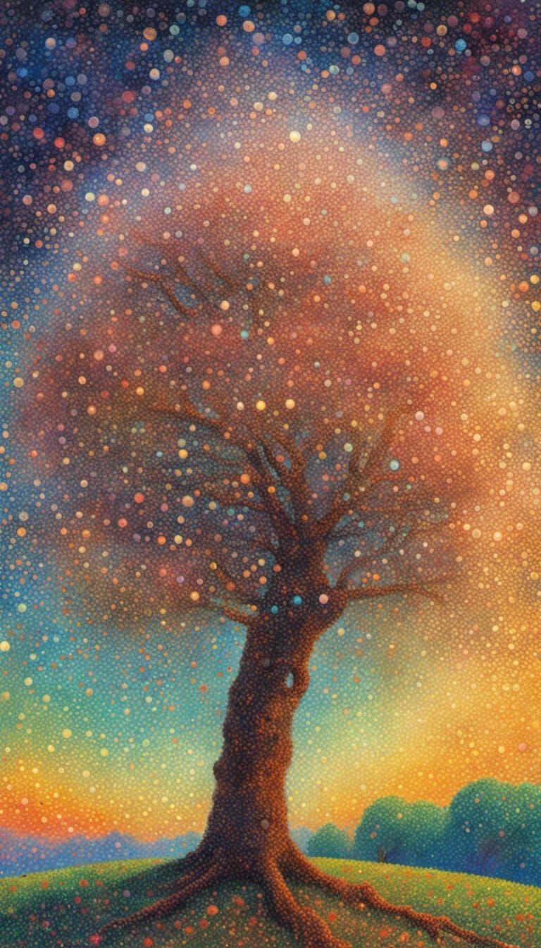 Blossoming Apple Tree in Pointillist Astral Style