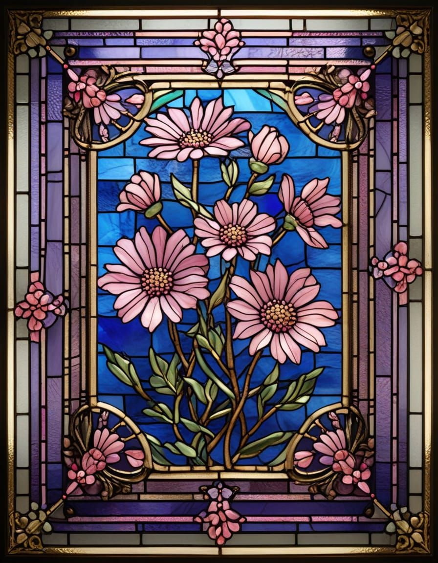 Victorian Stained Glass Art of Pink Aster Flowers
