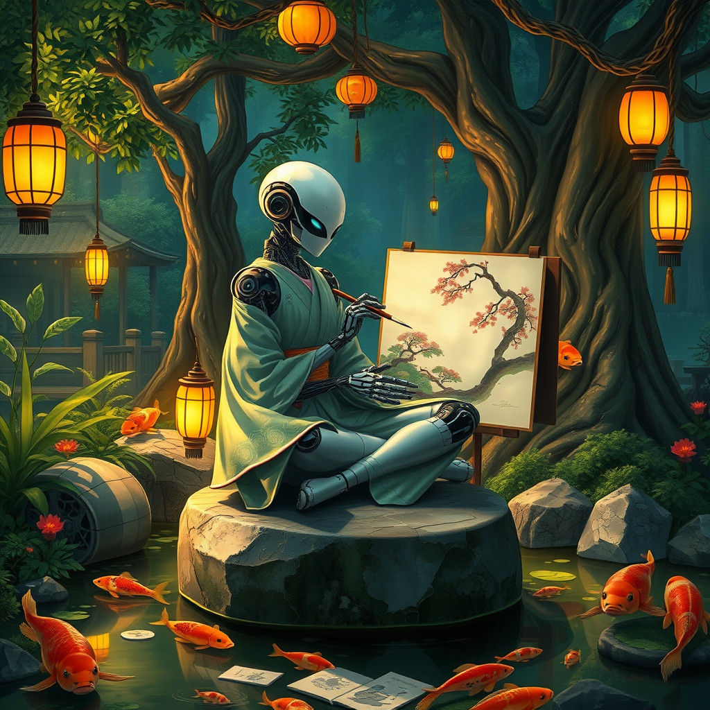 Android Paints Ink Art in Japanese Garden
