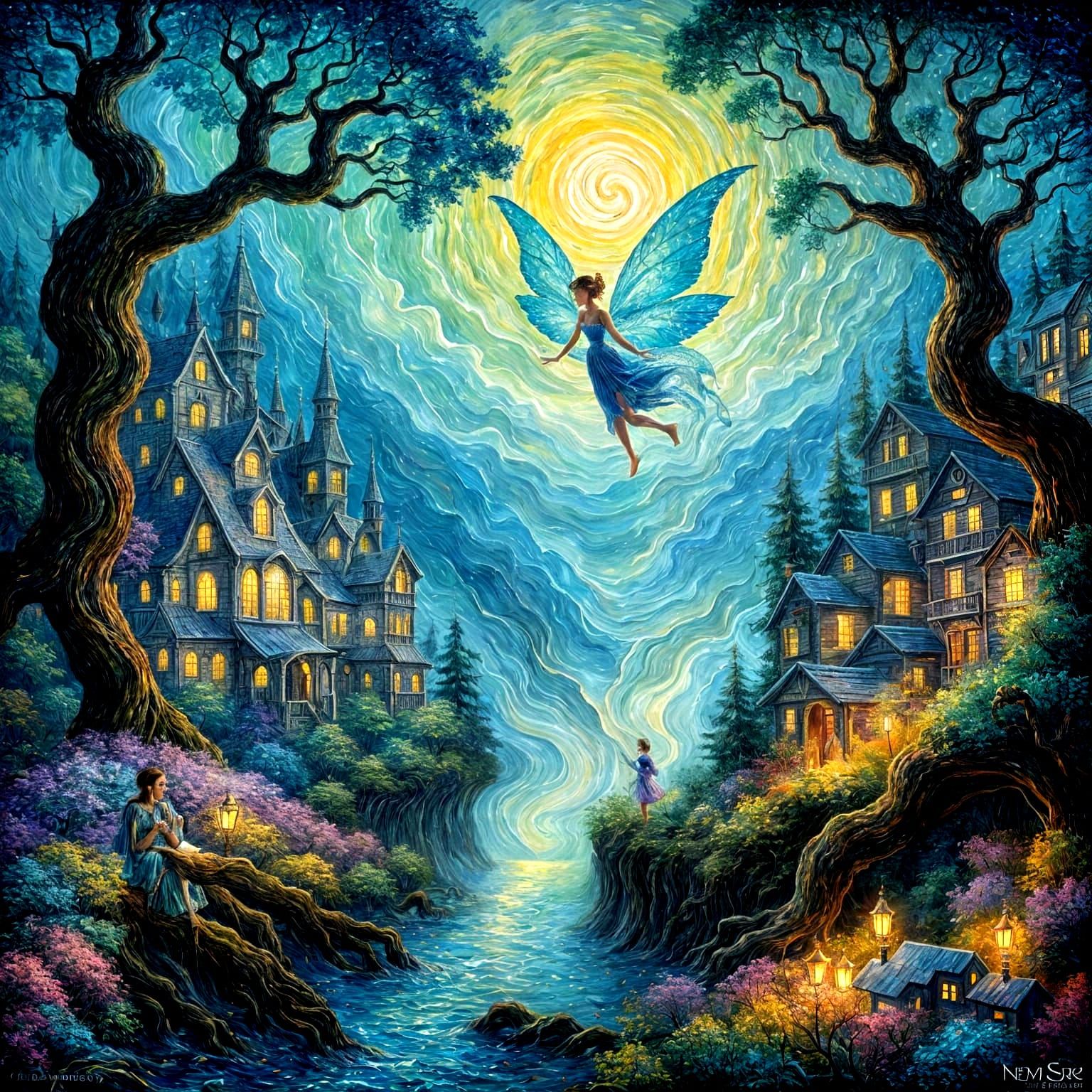 Mystical Fairy in Moonlit Forest, Expressionist Oil Painting