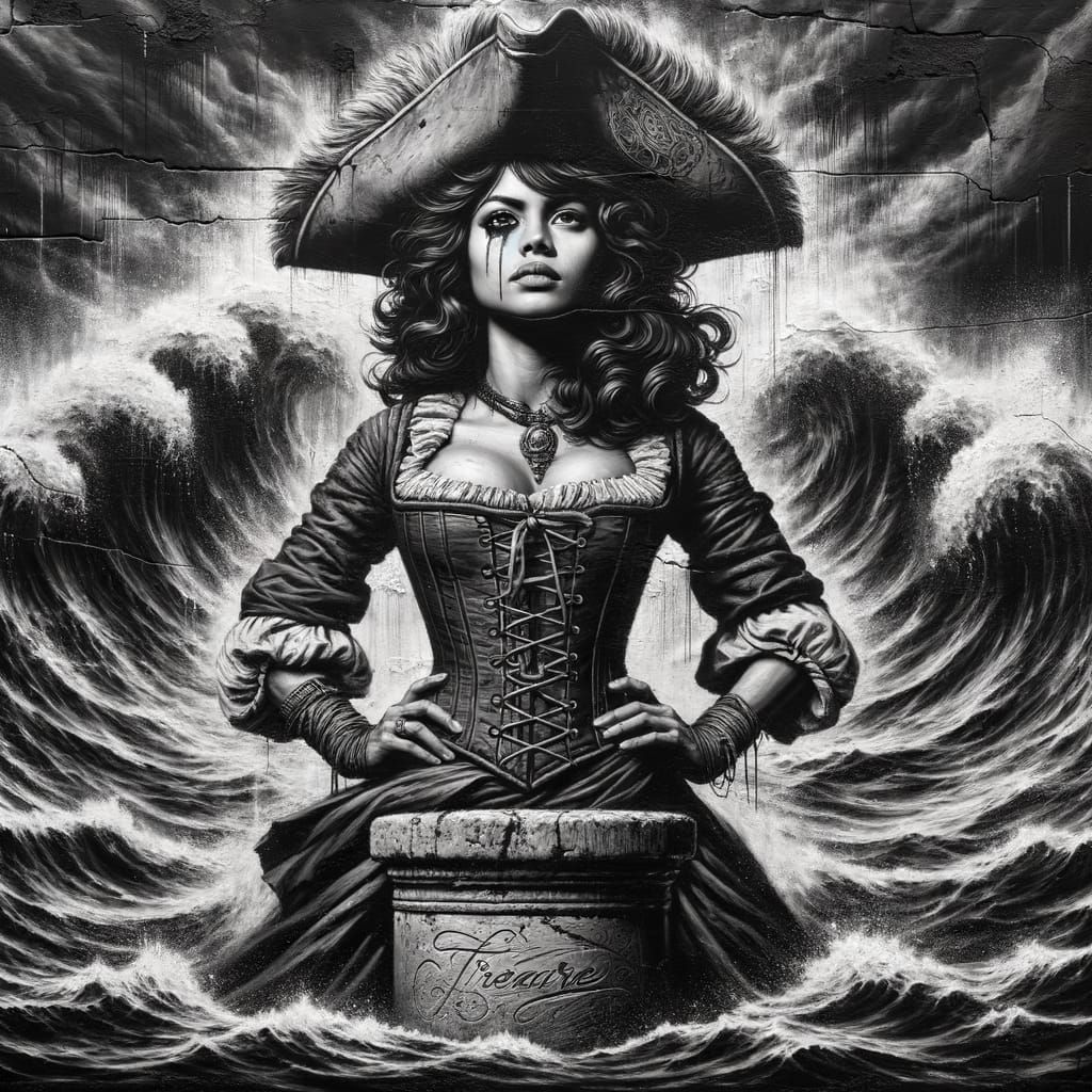 Pirate Princess Emerges from Dark Abyss in Monochrome