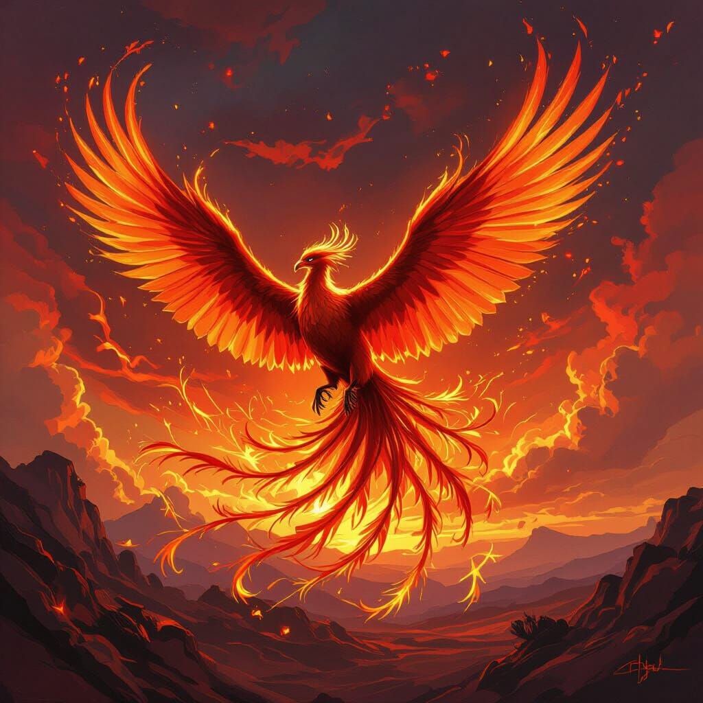 Majestic Phoenix Soaring Through Fiery Landscape