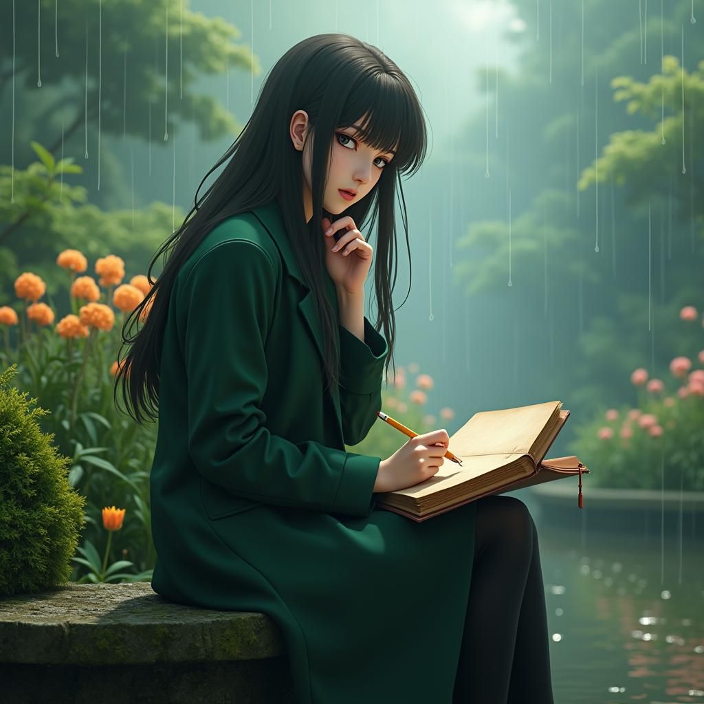 Serene Woman in Rainy Garden, Anime Art