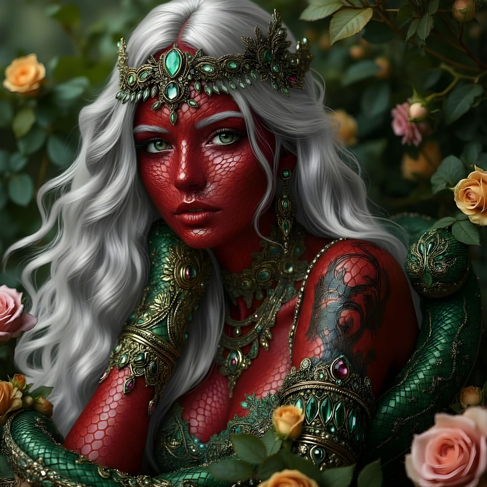 Serpent Queen Reclining on Roses