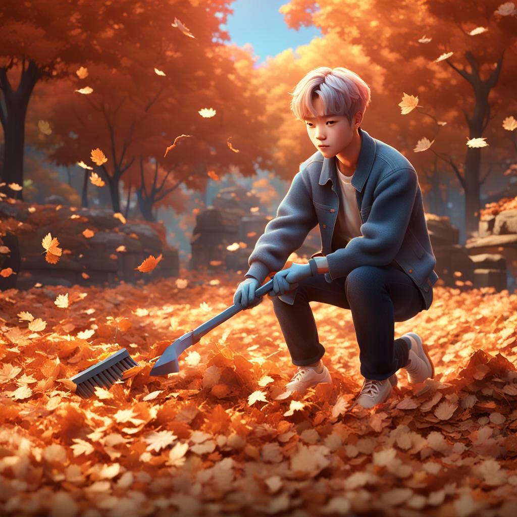 Jimin of BTS Raking Leaves: Pixar-Style 3D Art