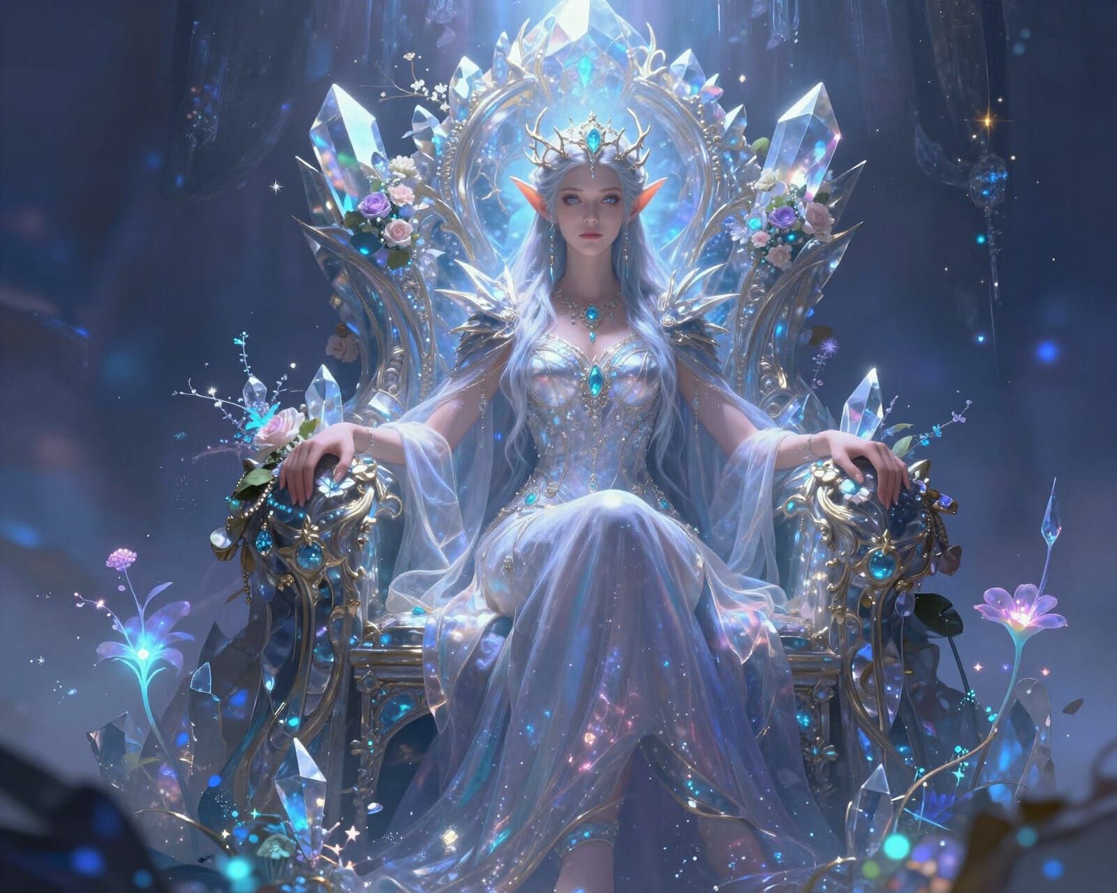 Majestic Elf Queen on Crystal Throne