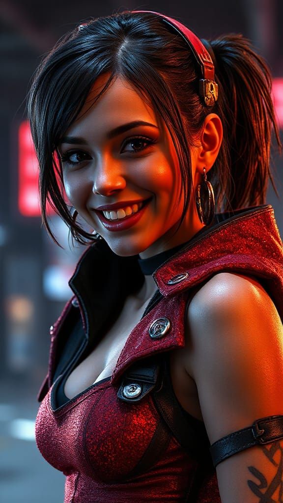 Cyberpunk Lara Croft Smiling in Detailed Cinematic Style