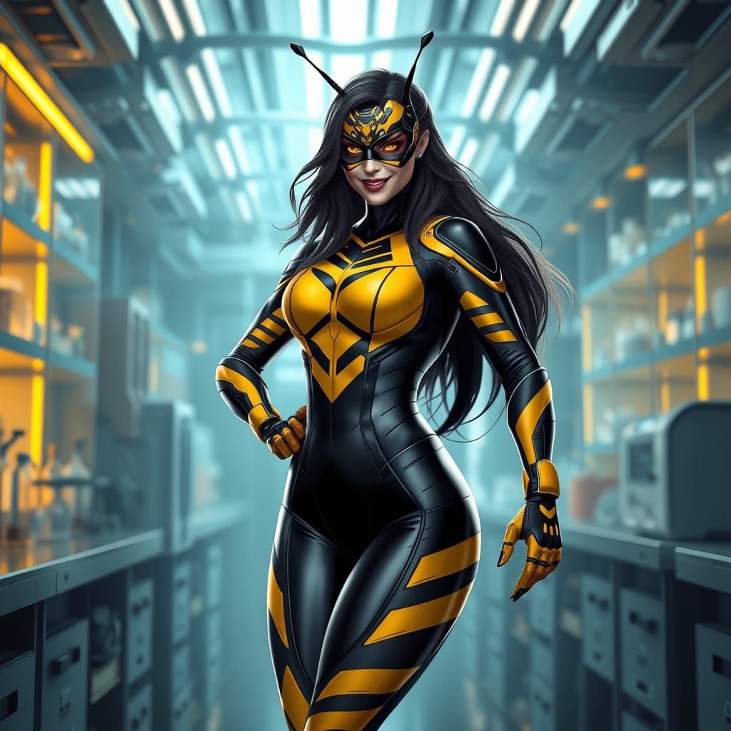 Powerful Bee-Inspired Superheroine in Futuristic Lab