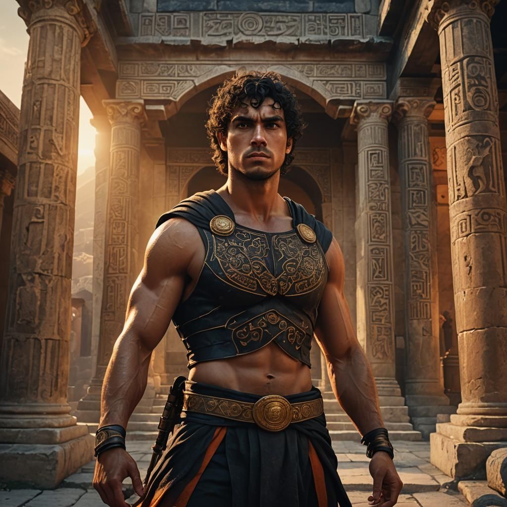 Greek Assassin in Ancient Temple at Dusk