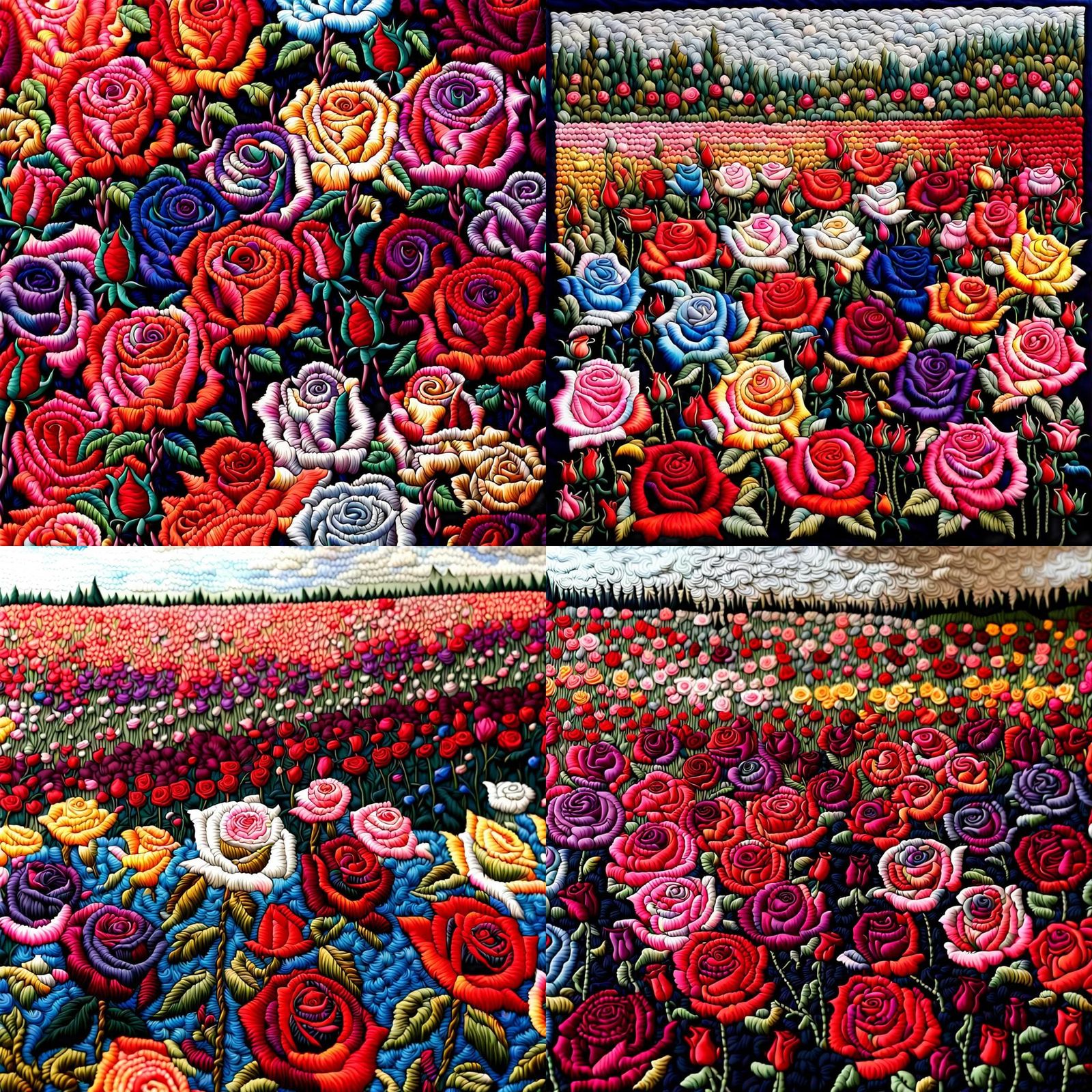 Colorful Rose Field Embroidery Stitchwork Artwork