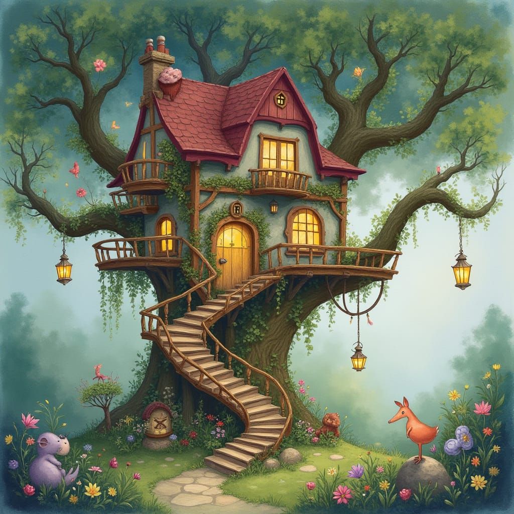 Enchanted Forest Treehouse in Watercolor Style