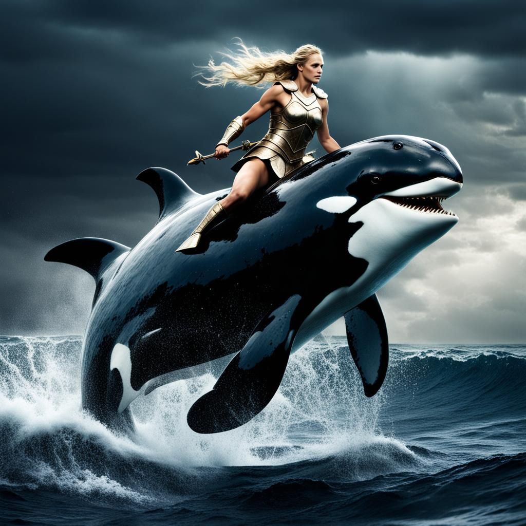 blonde femal, Atlantean warrior in armor, riding a killer wh...