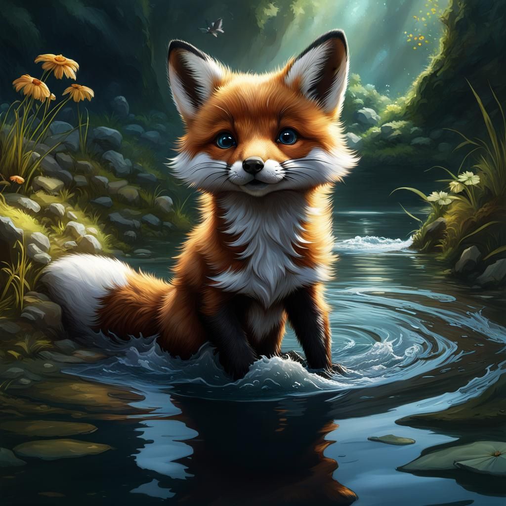 Fox-Otter Hybrid Swimming: Dark Fantasy Concept Art