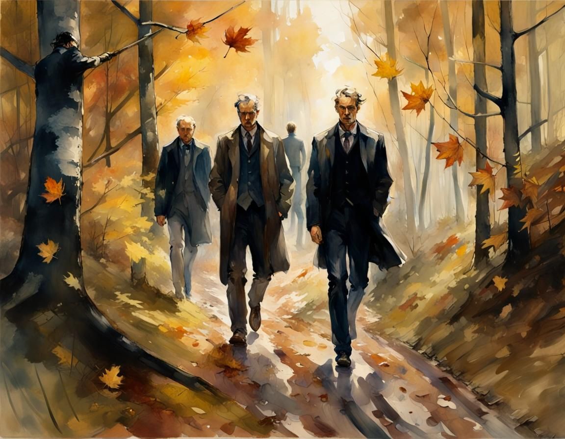 Autumnal Figures Stroll Through Deciduous Forest