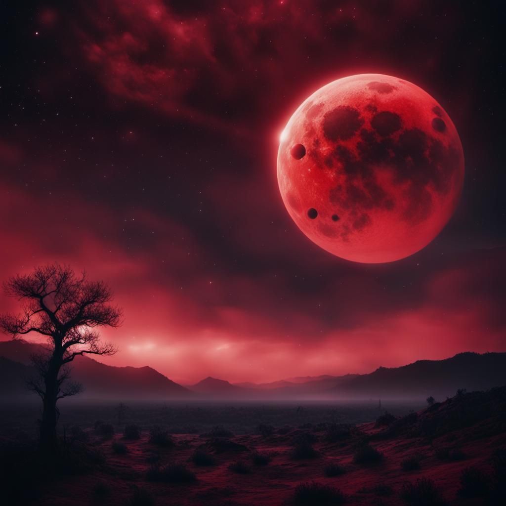 Spooky Red Moon in a Gloomy Galactic Space