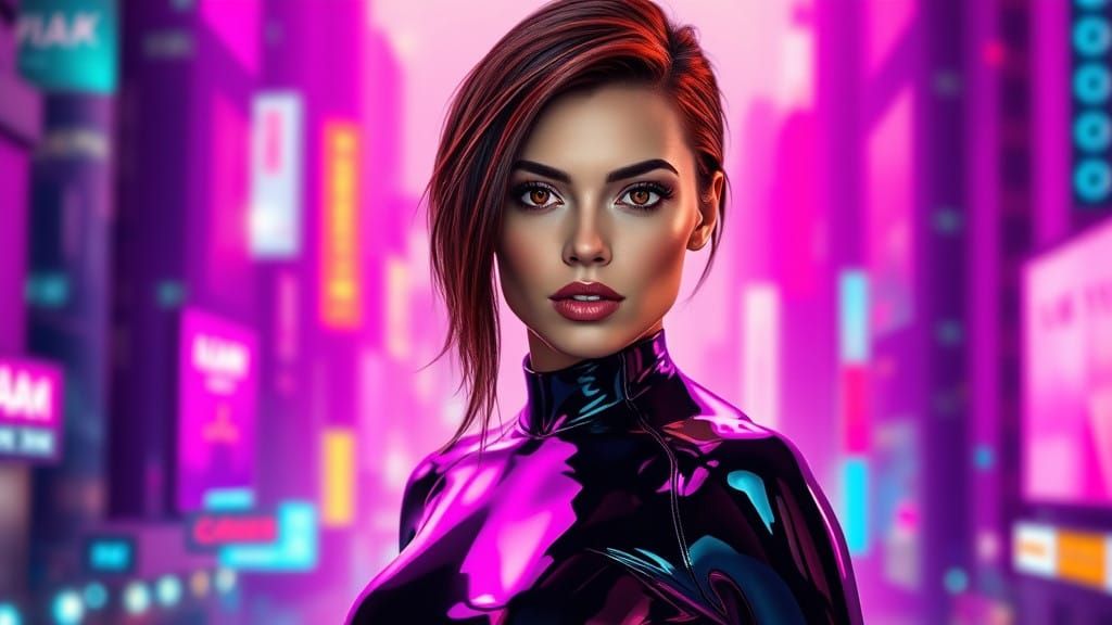 Cyberpunk Goddess Radiates Confidence in Neon Cityscape