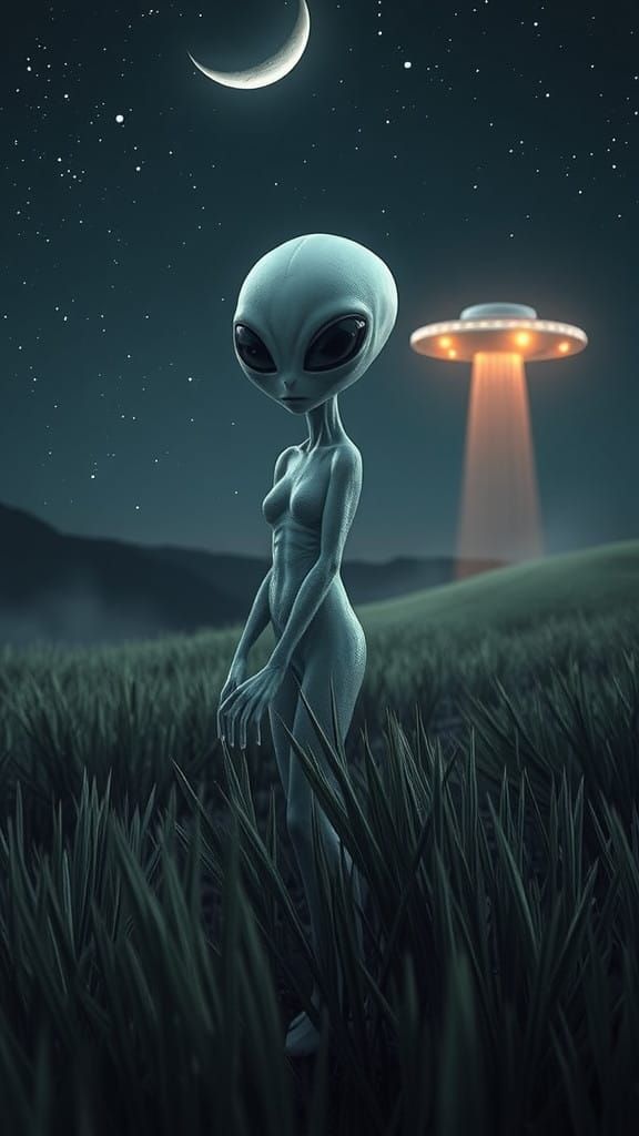 Ethereal Alien Encounter Under Starry Night Sky