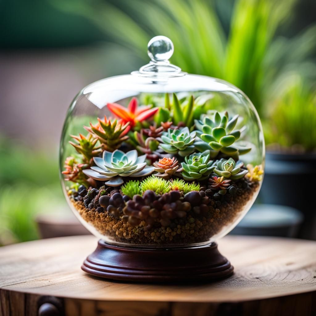 Succulents in Sealed Bell Jar Terrarium: Macro Photo
