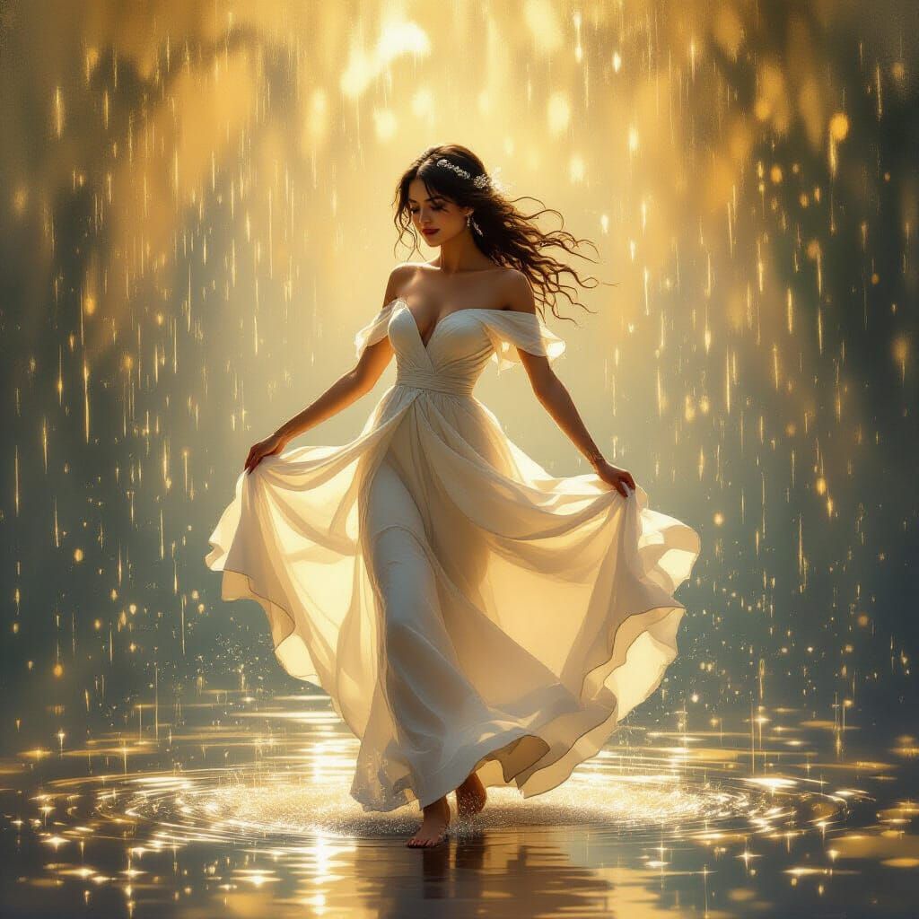 Woman Dancing in Golden Rain, Impressionistic Style
