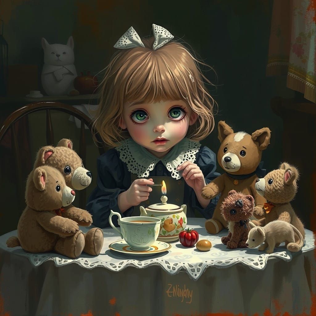 Little Girl's Whimsical Tea Party with Cuddly Friends in Dar...