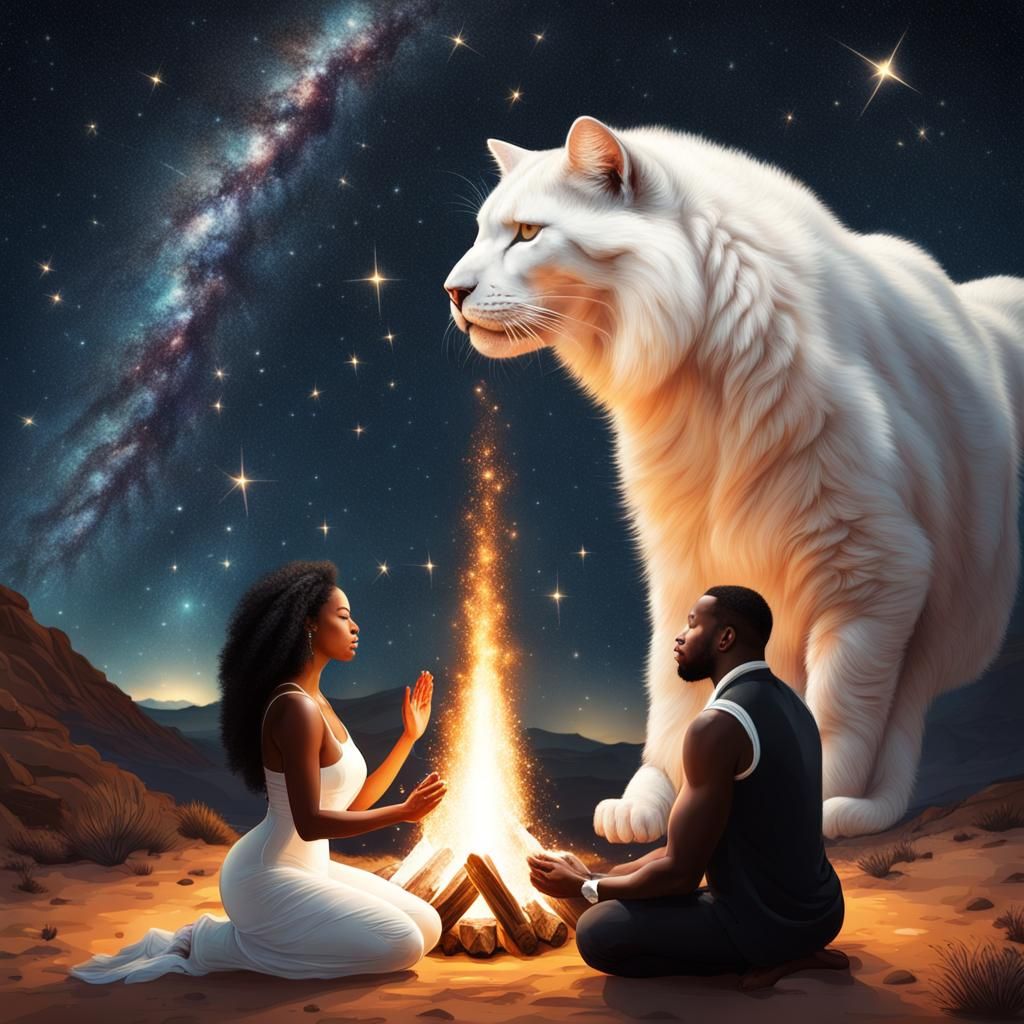 Praying Under the Stars with White Cat