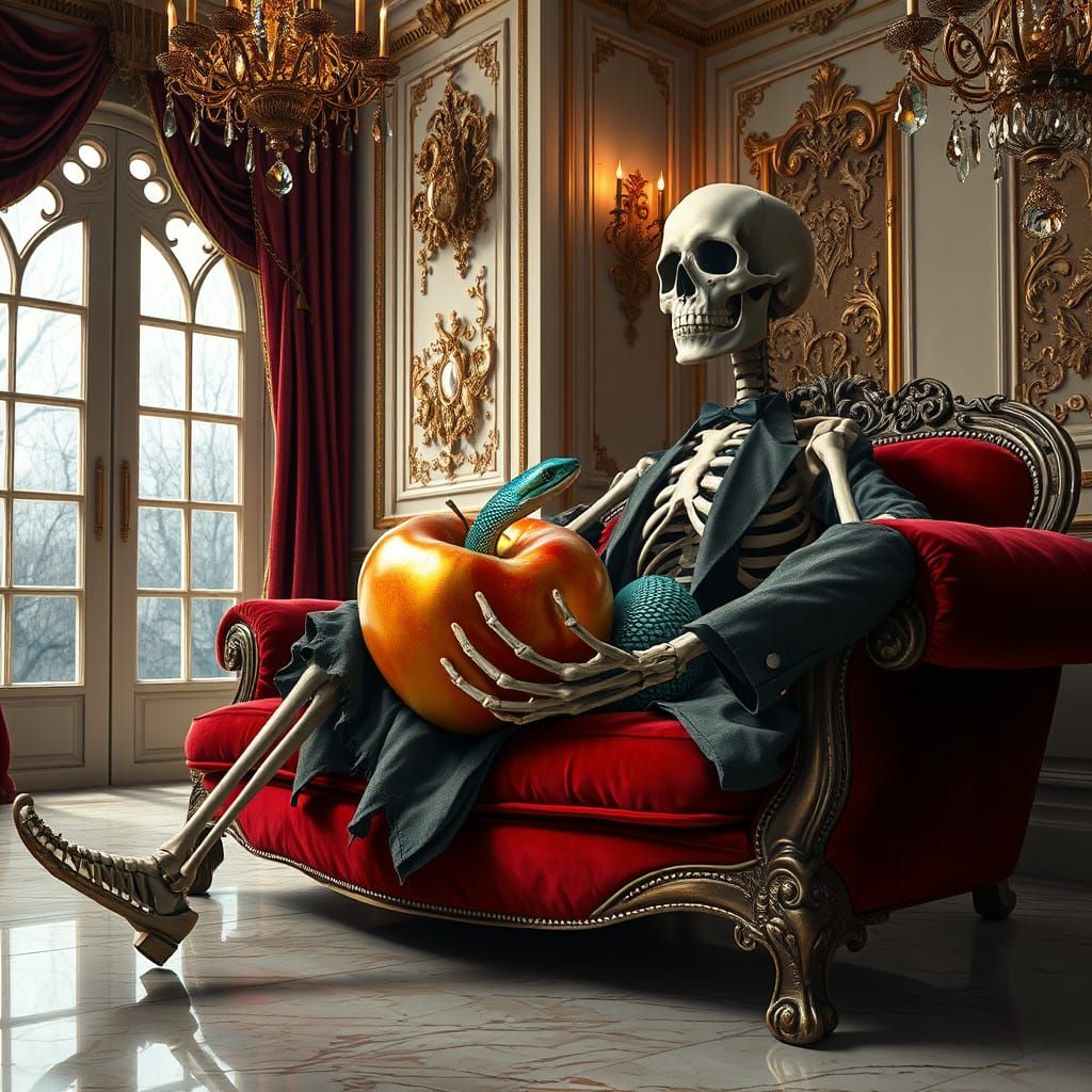 Surrealist Skeleton Amidst Opulent Decay