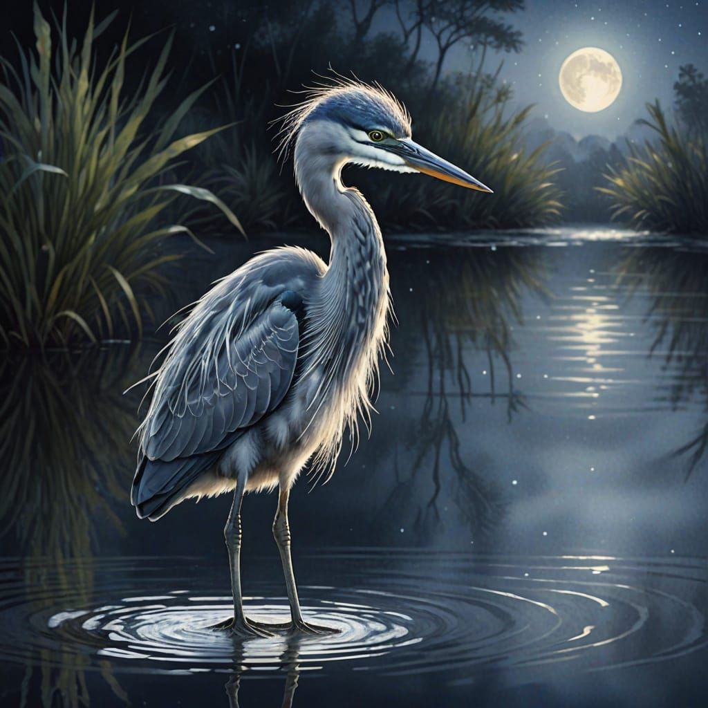 Dreamy Watercolor Heron in Moonlit Serenity