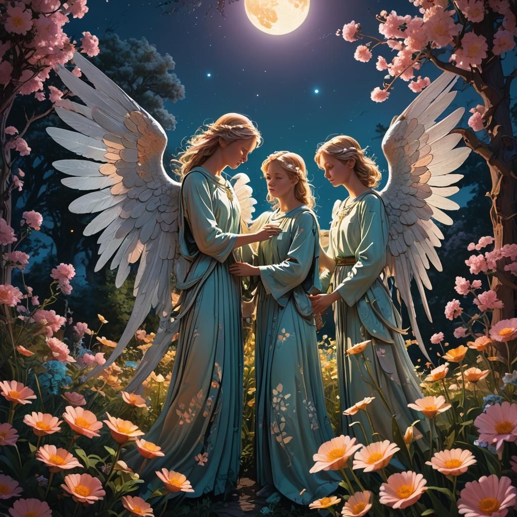 Angels Embrace in Moonlit Garden: Fantasy Concept Art
