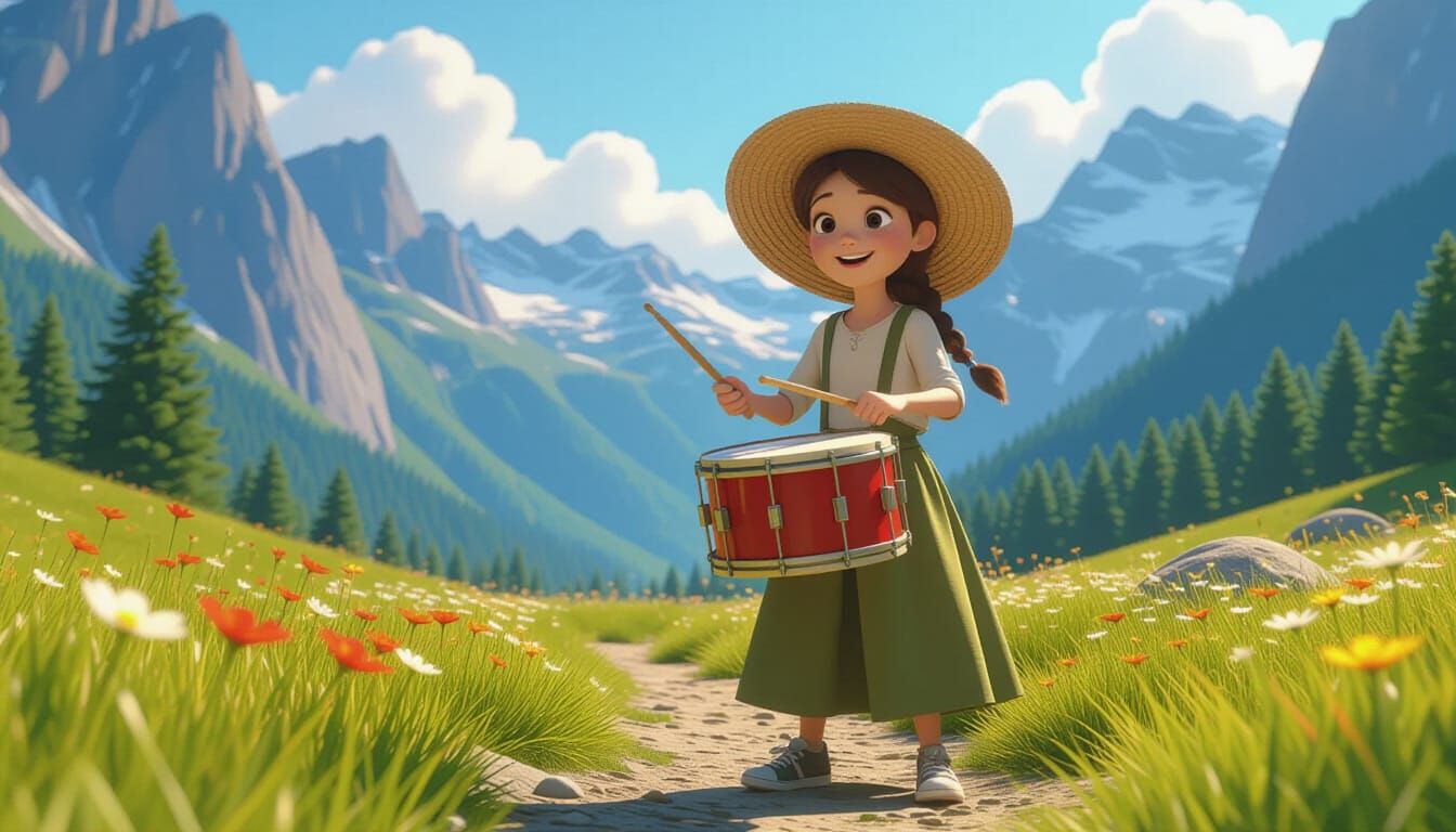 Cheerful Girl Drummer in Pixar-Style 3D Animation