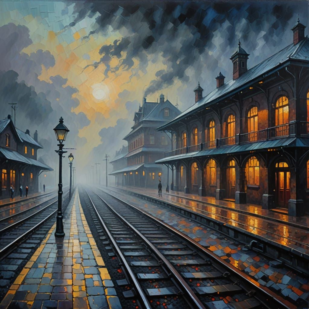 Dark Stone Train Station in Thick Fog