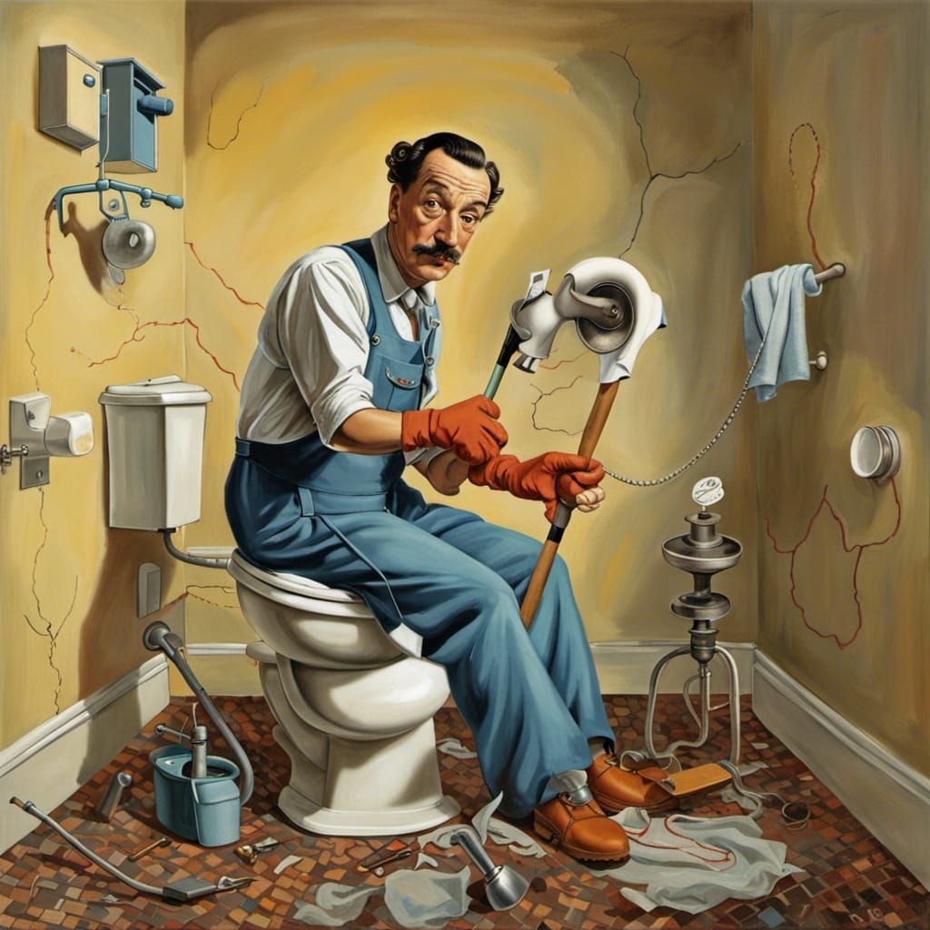 Dadaist Plumber Unclogs Toilet, Salvador Dali Style