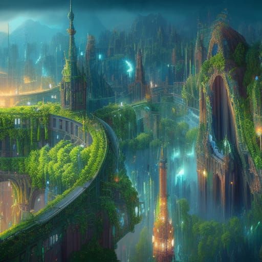 Cute Blue-Green City in Detailed Matte Painting