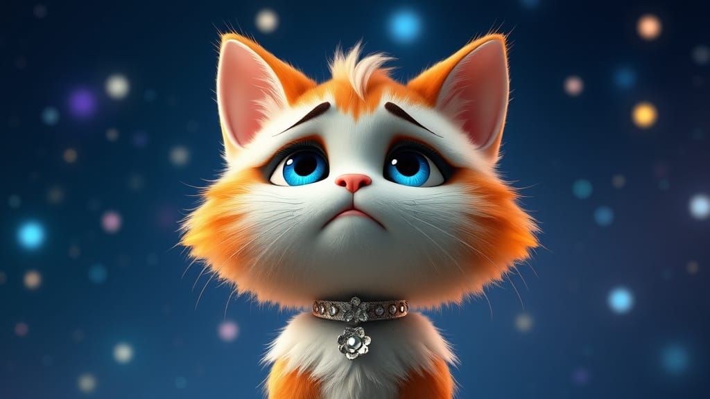 Sad Cat in Starry Night Sky, Pixar-style 3D Render