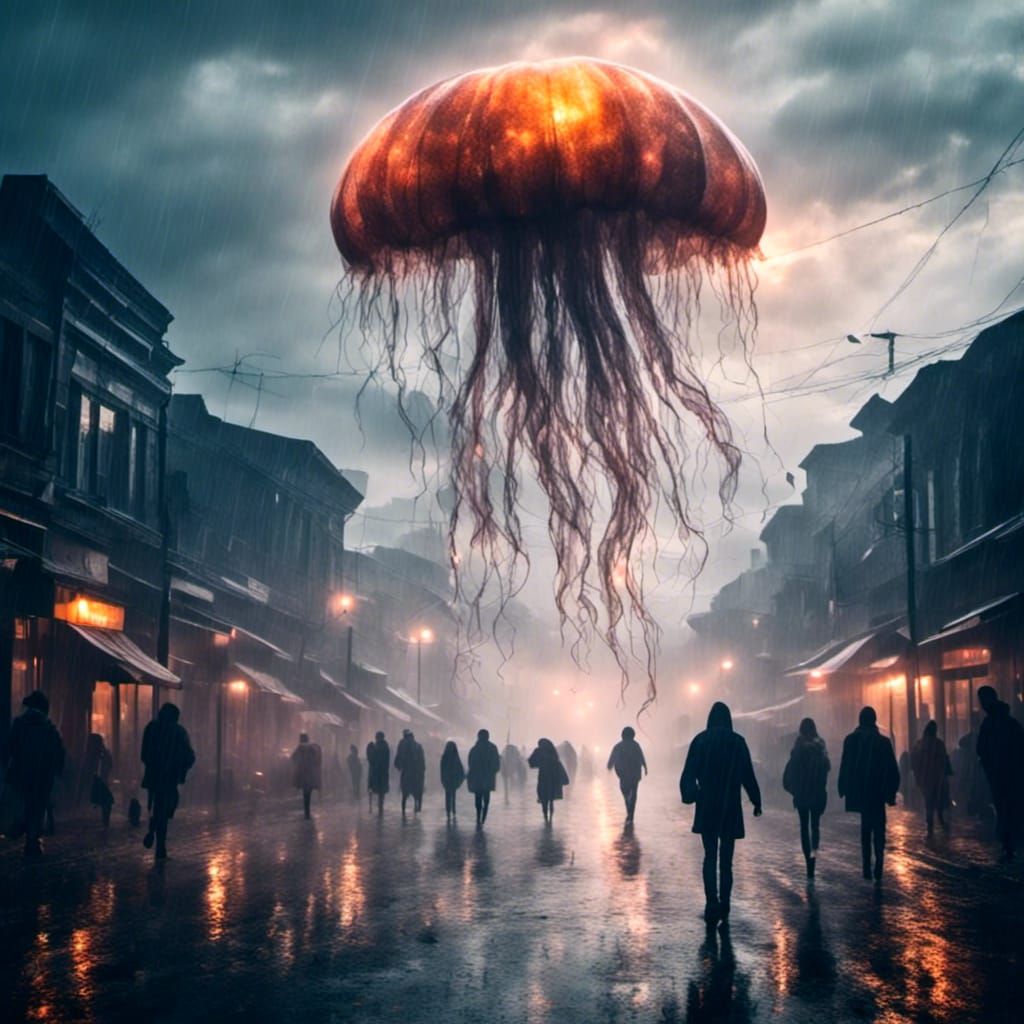 Giant Jellyfish Swims Through Burning City