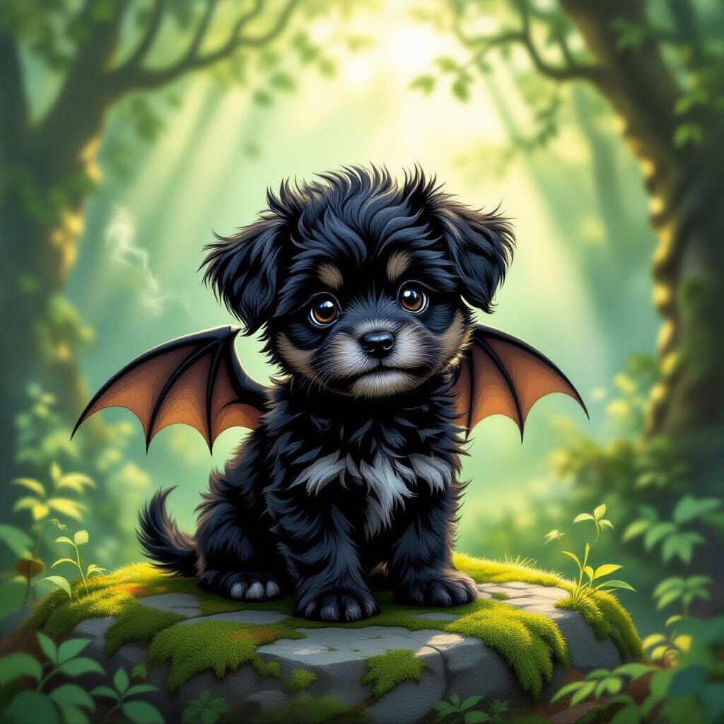 Fluffy Black Dragon Hound Puppy in Enchanted Forest
