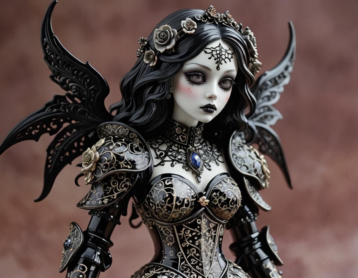 Gothic Porcelain Girl Figurine in Pop Surrealist Style