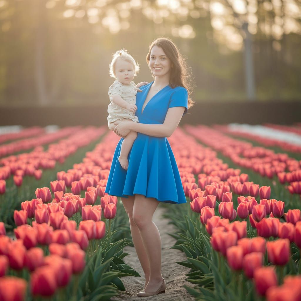 Woman with Toddler in Red Tulip Field