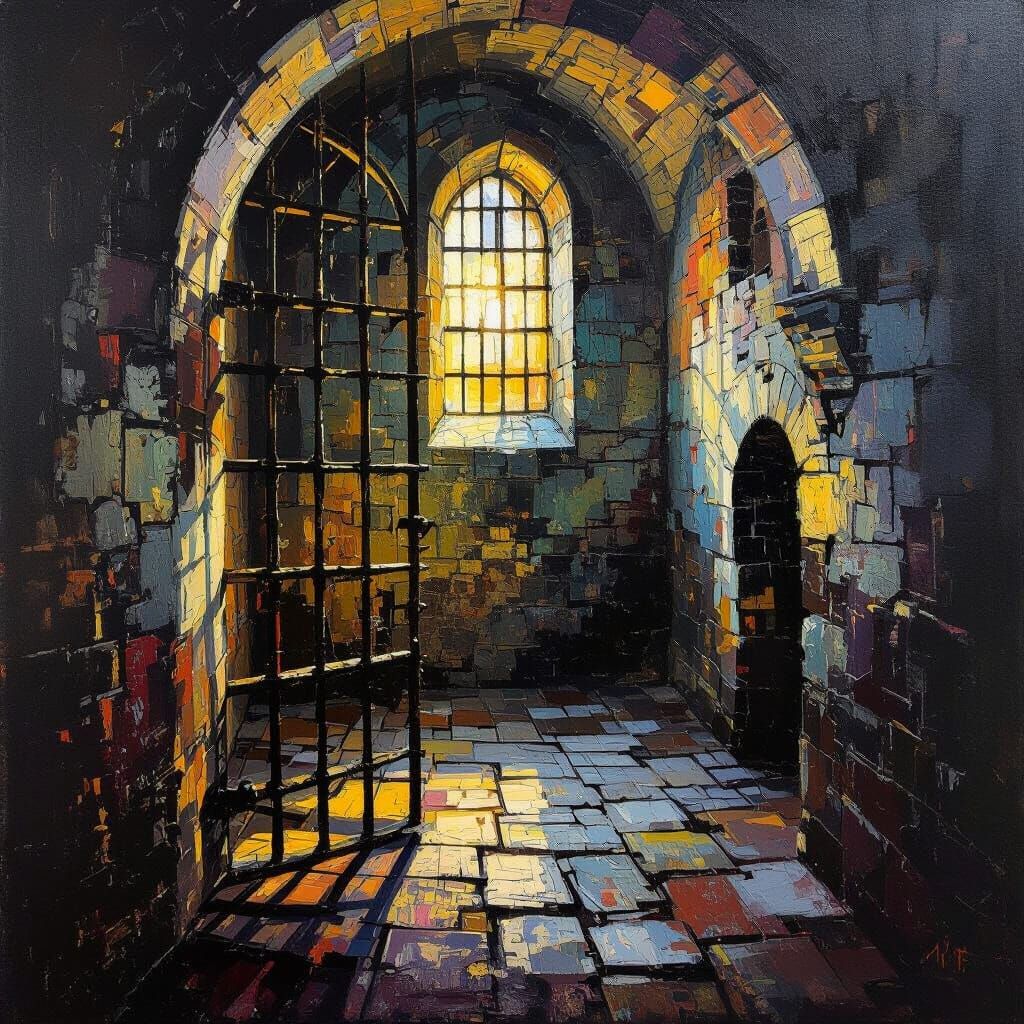 Abstract Expressionist Prison Interior with Golden Light