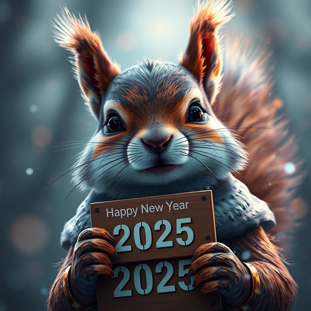 Surreal Happy New Year 2025 Squirrel Portrait in Vibrant Tri...