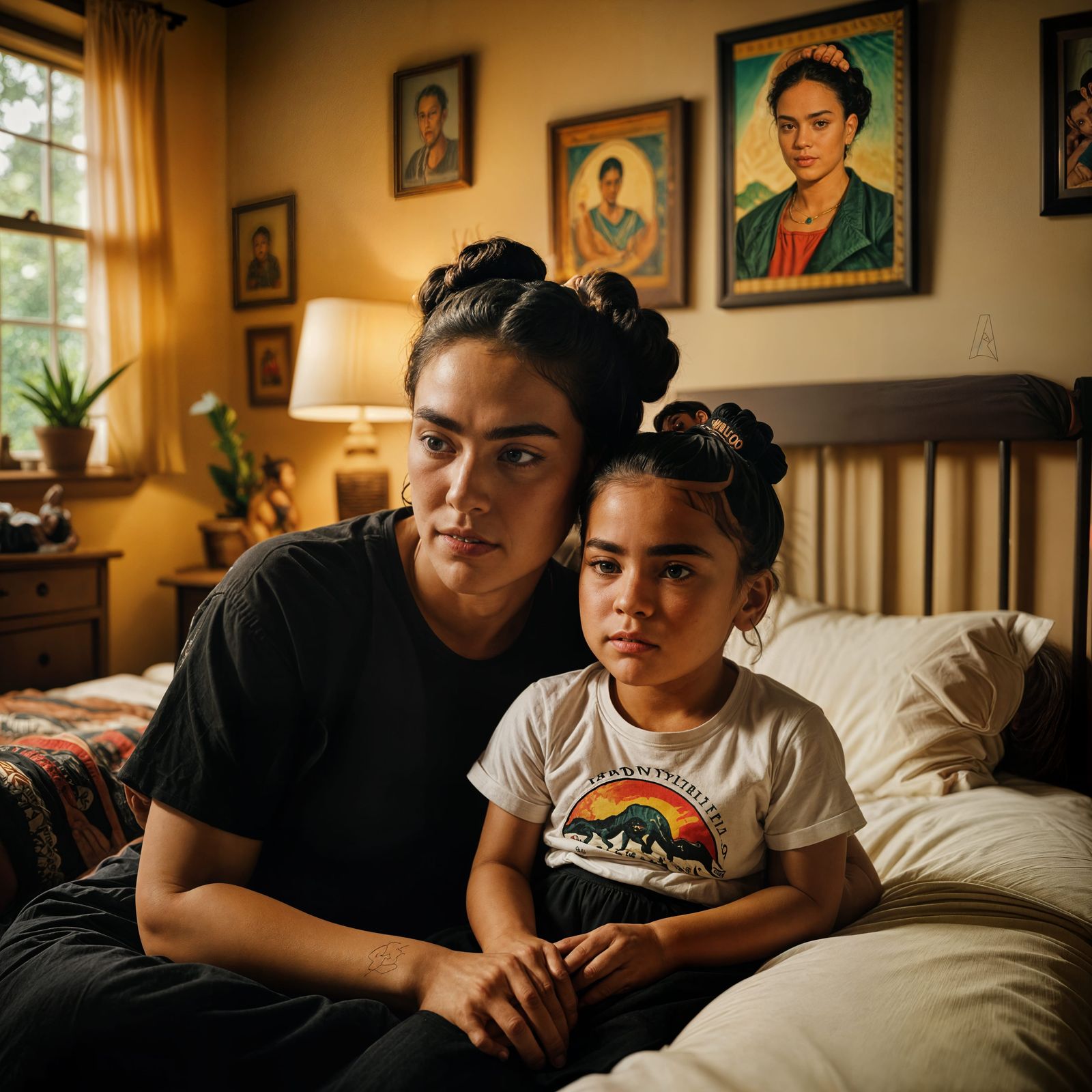 Cinematic Hyperreal Mexican Twins Cuddle on a Bed